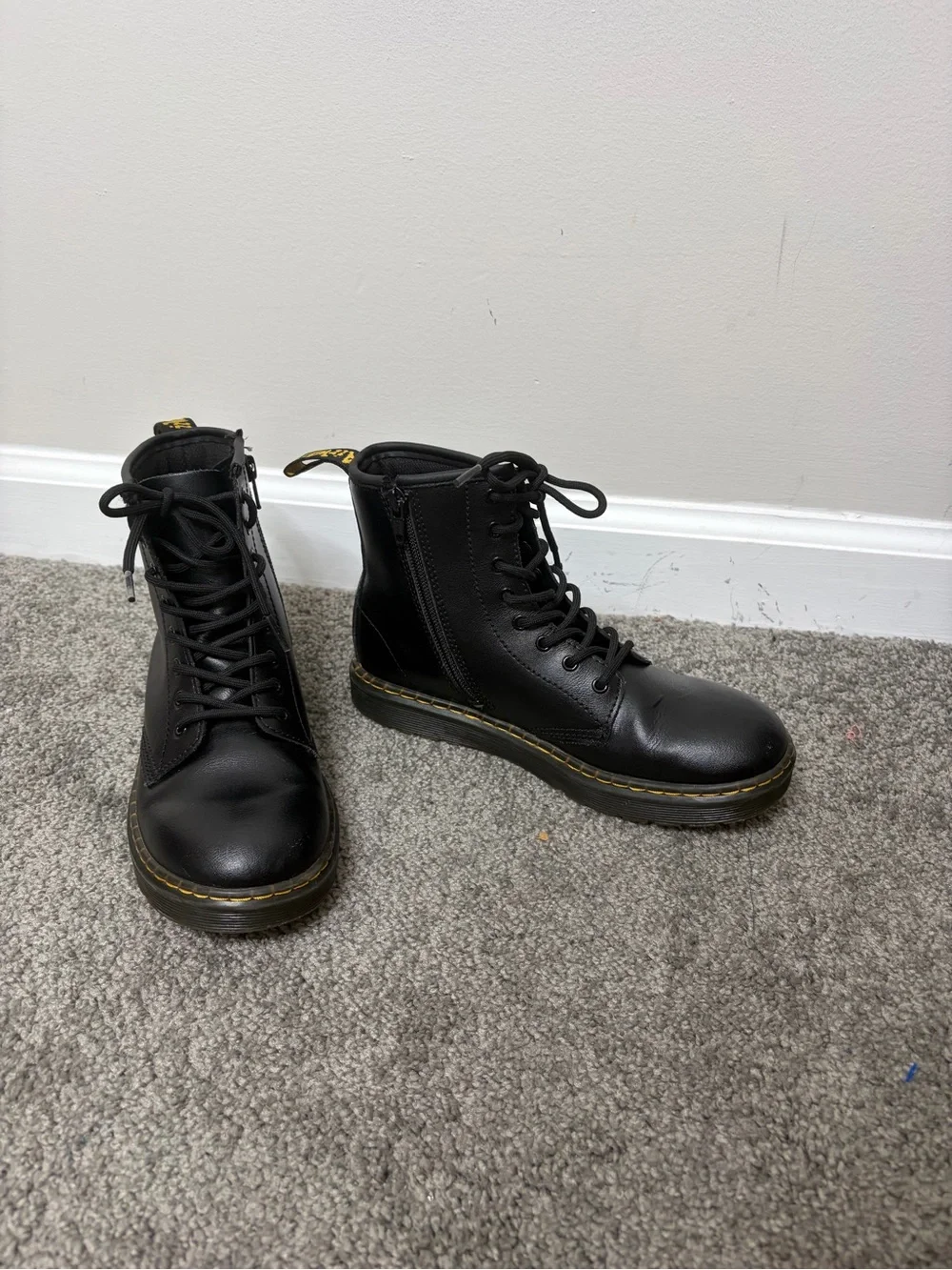 Black airwair dr. Martens Lace-Up Combat Boots with Yellow Stitching size 4